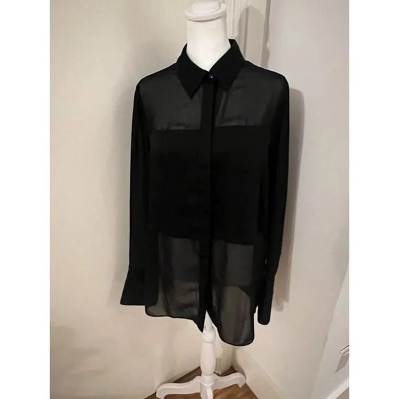 SM Woman's INC Black Long Sleeve Button Down Shirt Sheer Panels Collared - Picture 1 of 11